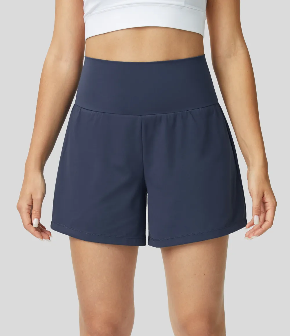 Super High Waisted Back Pocket & Side Hidden Pocket 2-in-1 Yoga Shorts 5''-Longer Length