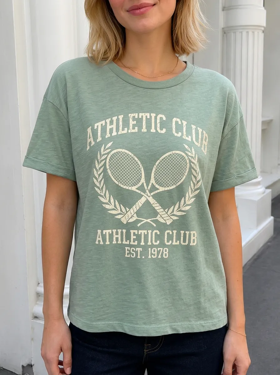 Women's Tennis Lover Athletic Club Racket Wreath Printed T-shirt