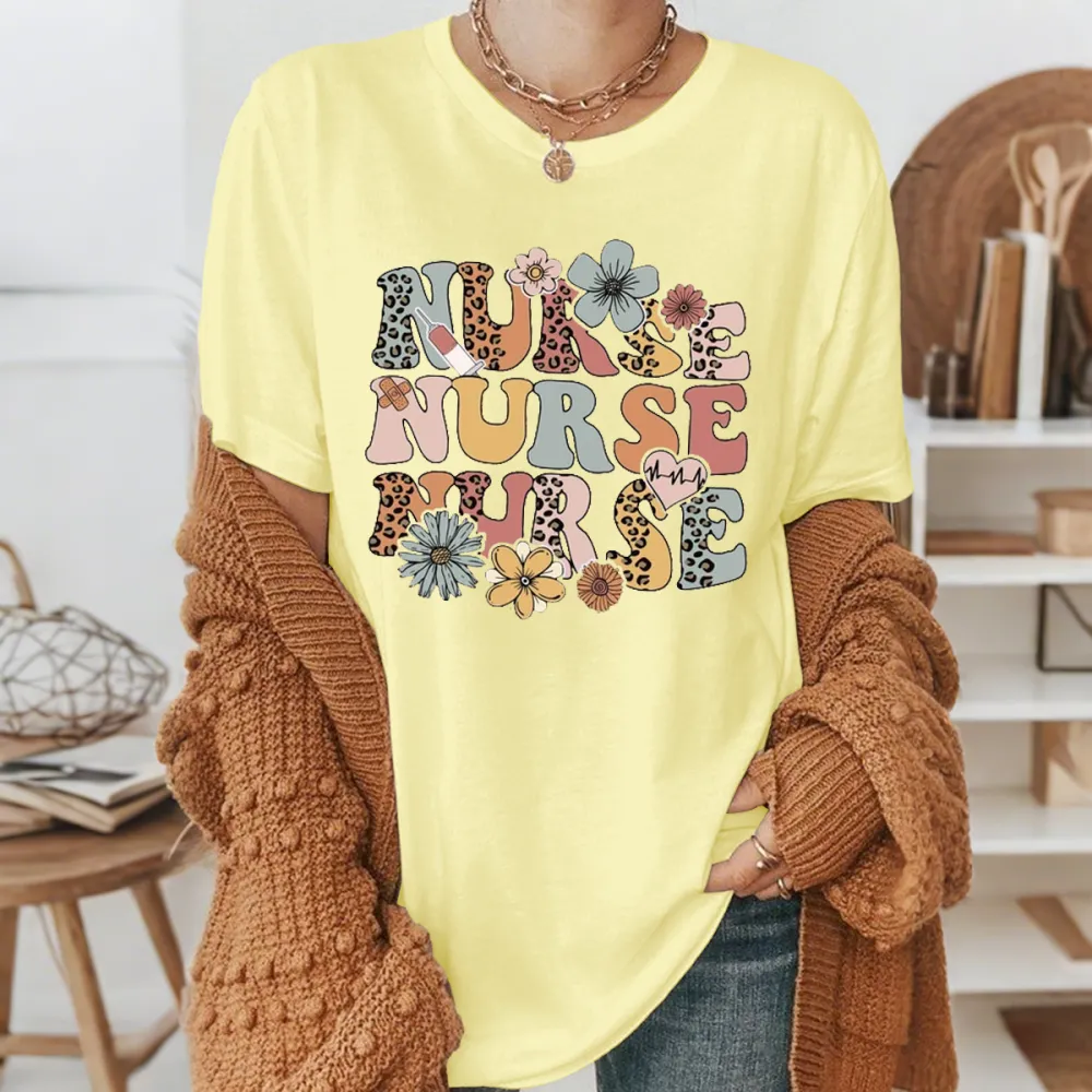 Retro Wildflowers Nurse Printed T-Shirts