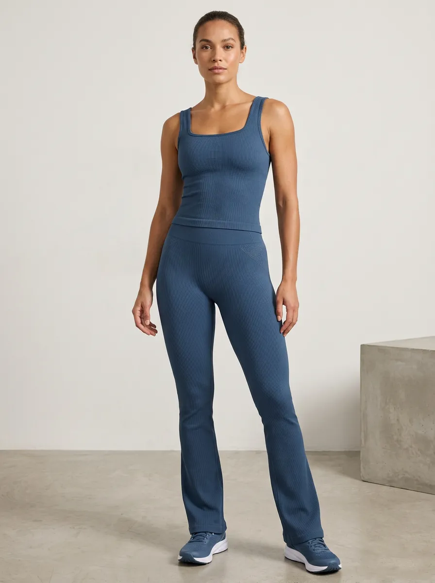 Women's Yoga Fitness Blue Ribbed Tank Top Flare Leggings Set