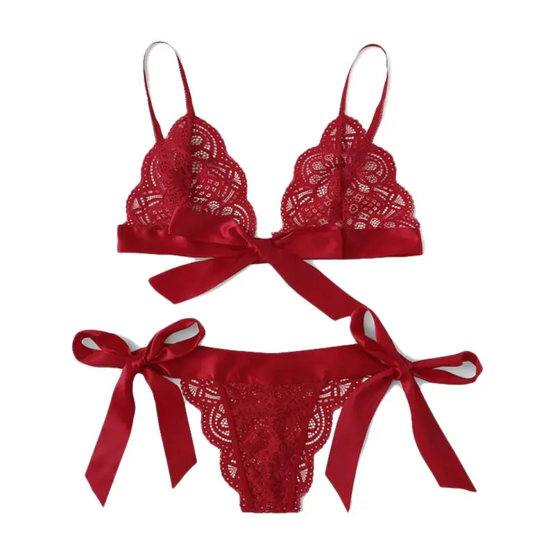 Satin Bow Floral Lace Lingerie Set