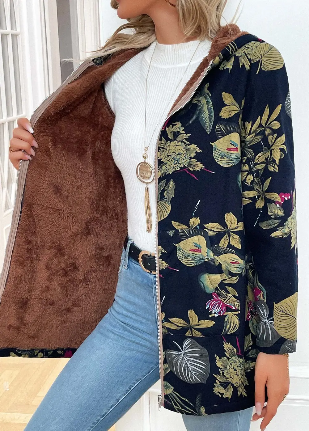 Navy Pocket Floral Print Long Sleeve Hooded Coat
