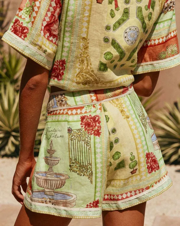 Vintage Oil Painting Print Shirt Set High Waisted Asymmetric Wrap Belt