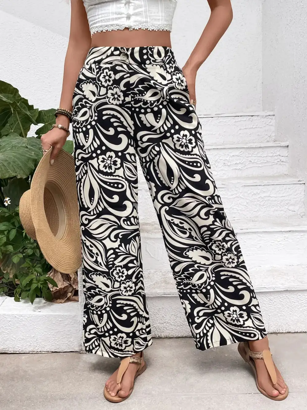 Textured Printed Wide Leg Pants