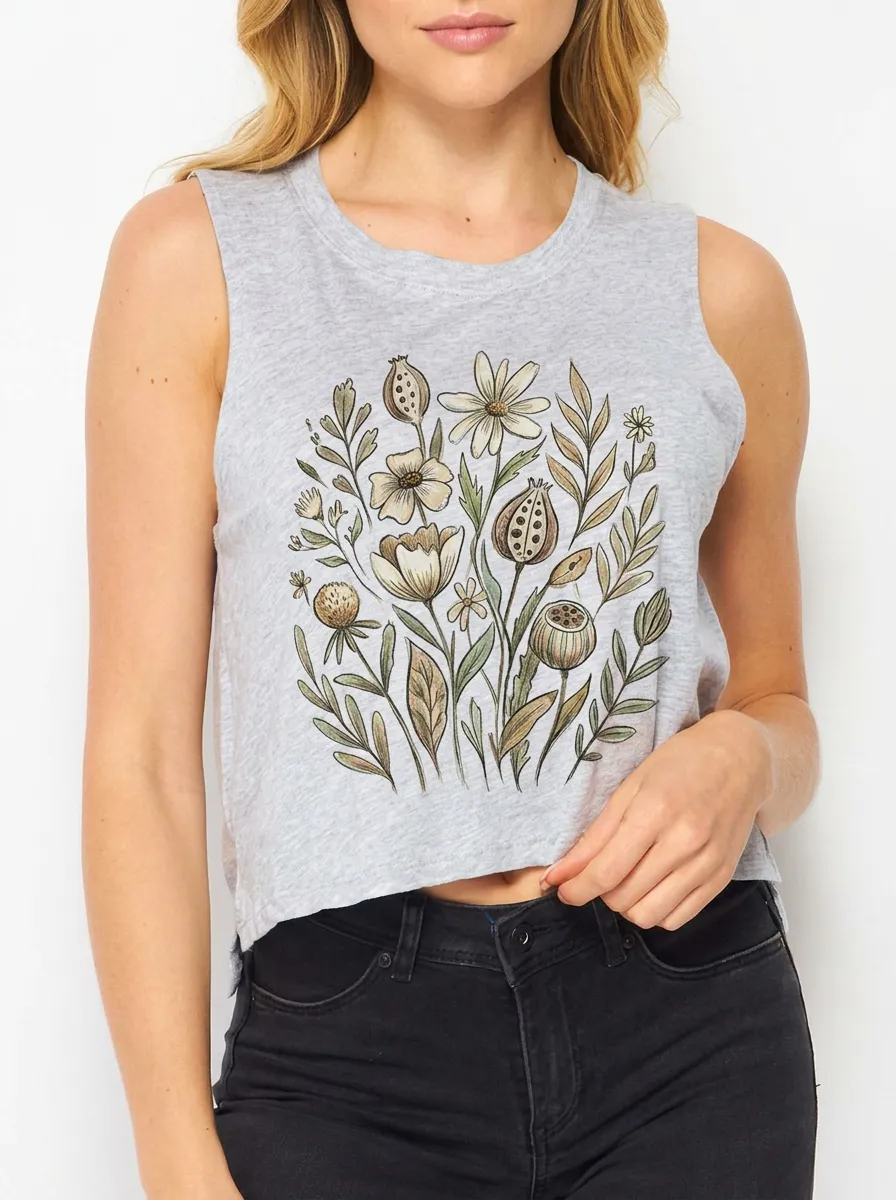 Women's Botanical Nature Lover Wildflower Printed Crop Tank Top