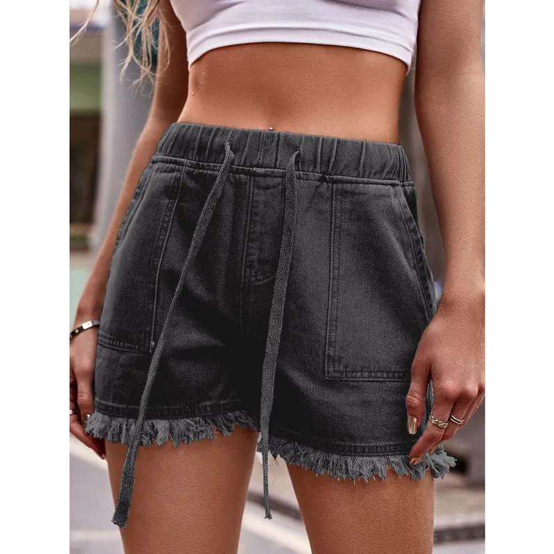 Drawstring Raw-Hem Denim Shorts