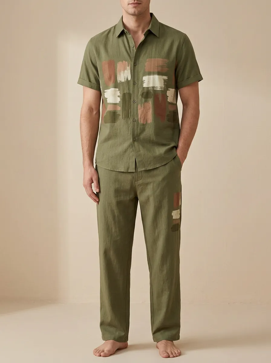 Men's Abstract Brushstroke Printed Casual Lounge Set