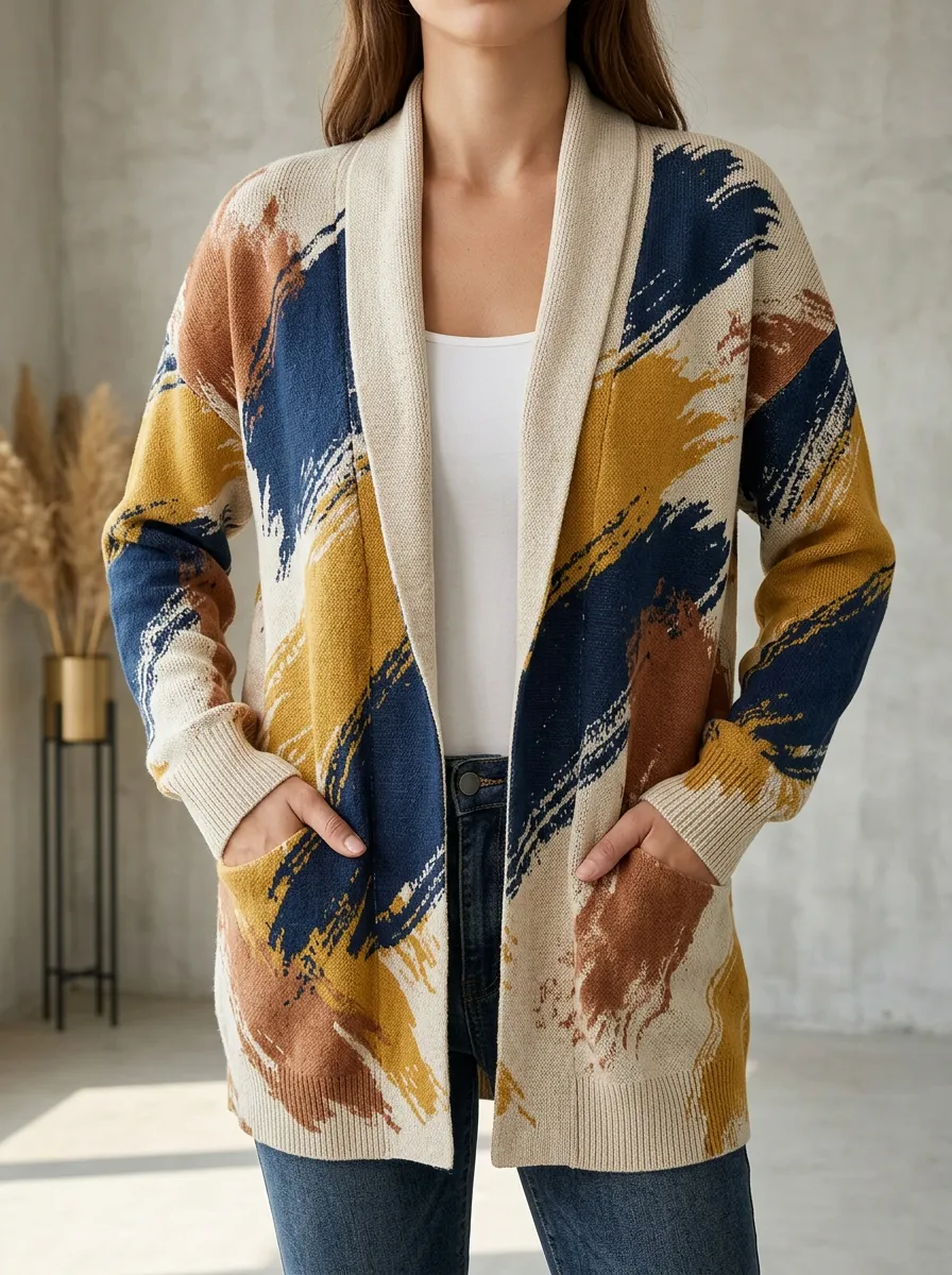 Women's Abstract Brushstroke Pattern Printed Intarsia Knit Classic Everyday Cardigan