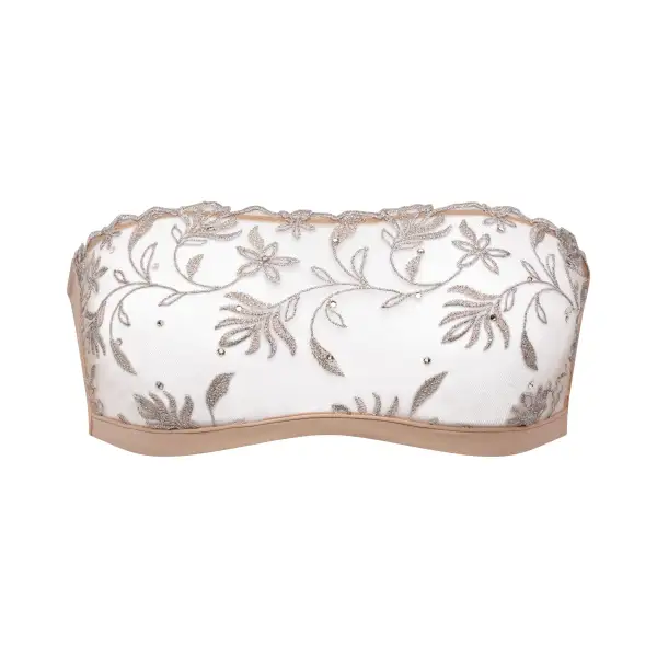 Women's Strapless Wireless Unpadded Floral Lace Embroidery Mesh Floral Detail Shimmer Detail Bra