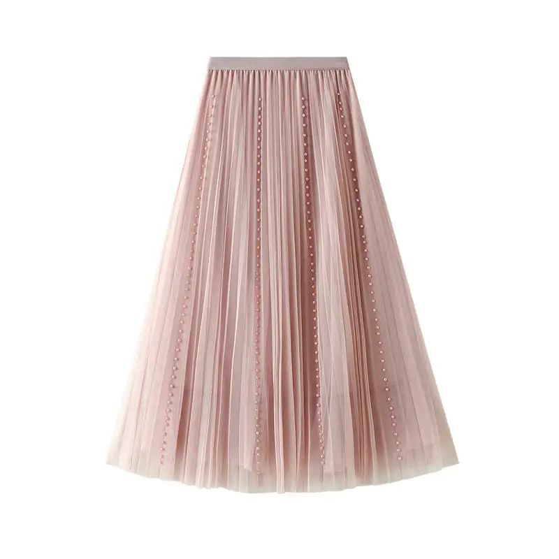 Contemporary High Waist Pleated Mesh Beaded Skirt