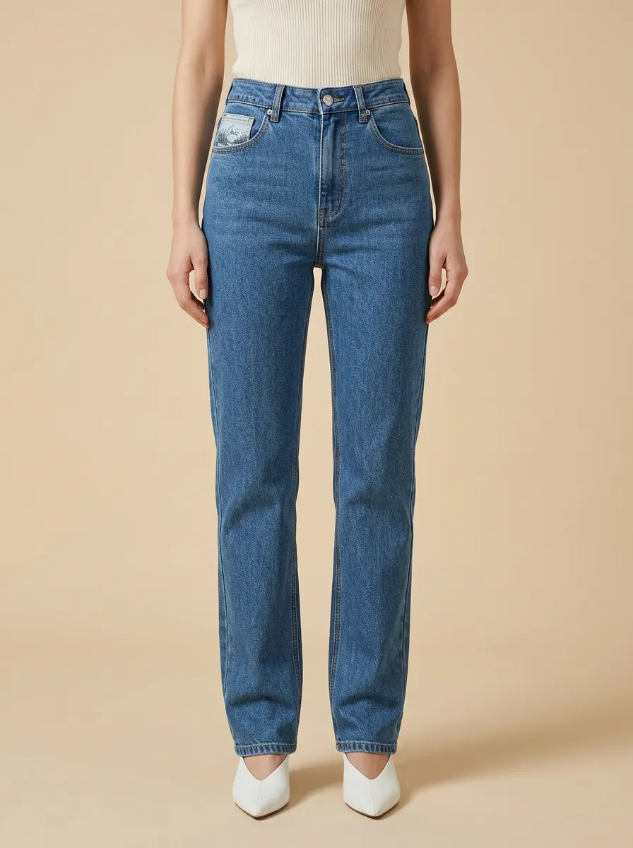 Women's Mountain Forest Graphic Coin-Pocket High-Rise Straight-Leg Jeans