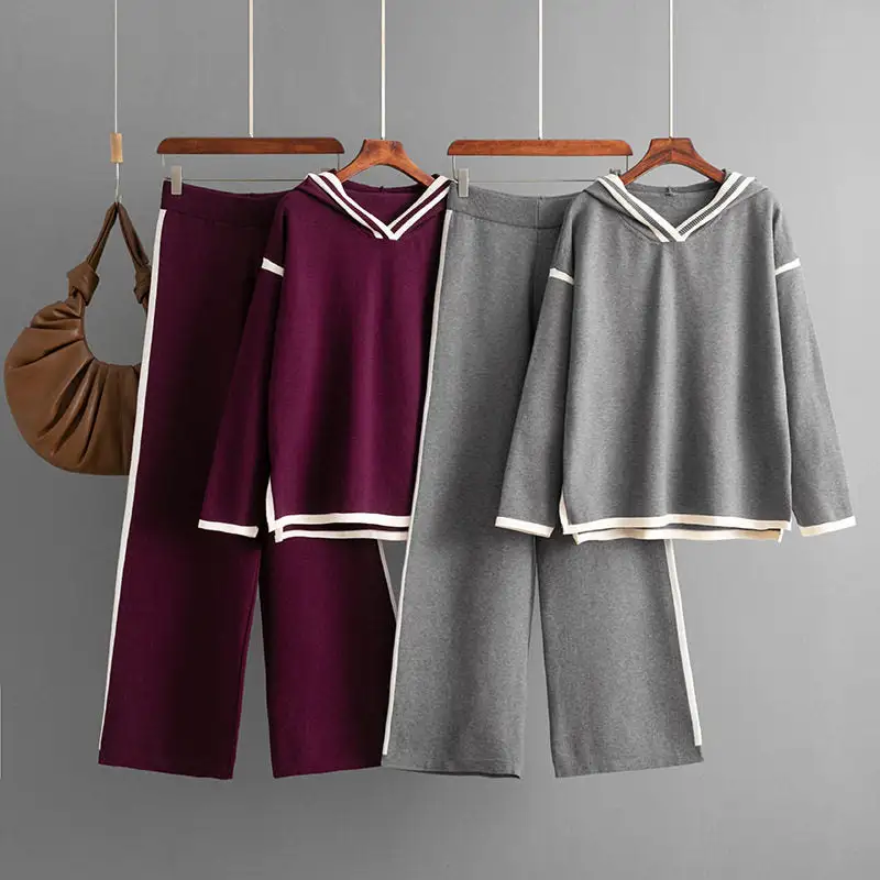 Casual Color Block Hoodie Sweater And Wide Leg Pants Set