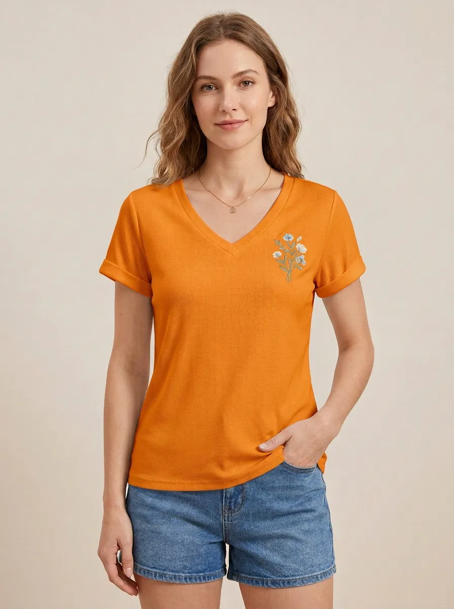 Women's Floral-Embroidered Cuffed-Sleeve V-Neck T-Shirt