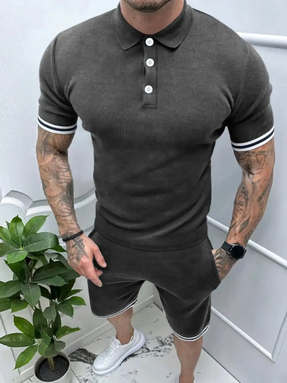 Short Sleeve Button Detail Polo And Shorts Set