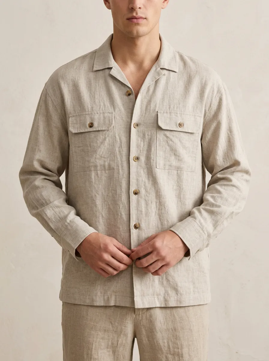 Linen Blend Classic Collar Shirt in Beige