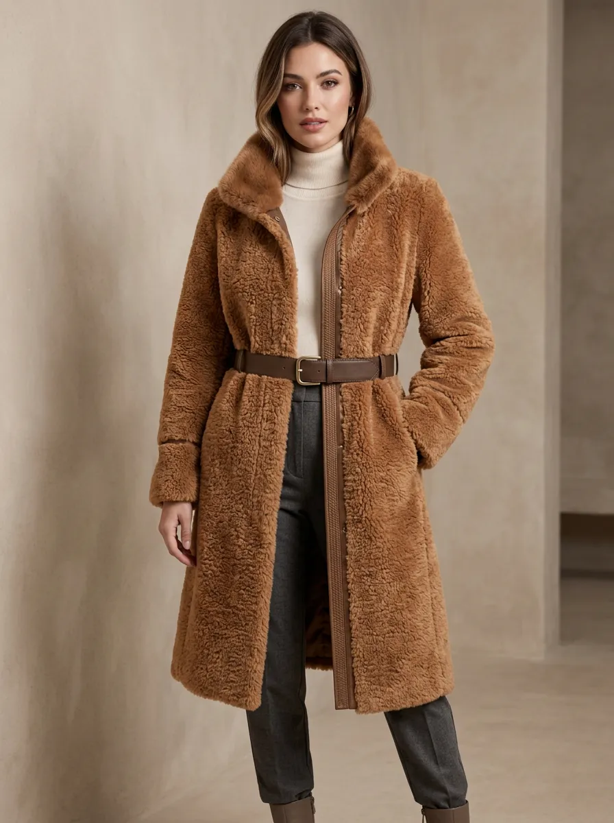 Women's Faux Shearling Shearling Style Belted Longline Coat
