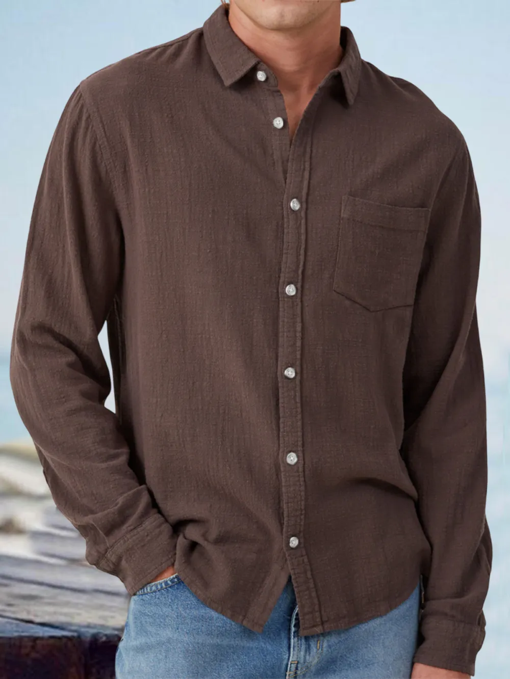 Everyday Long Sleeve Open Collar Pocket Shirt