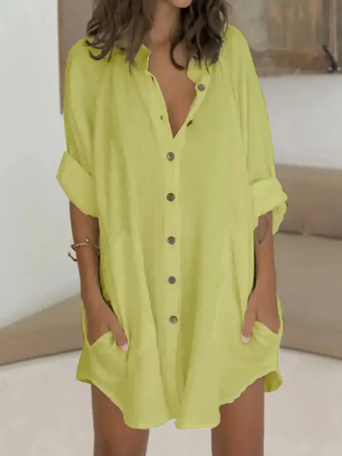 Women's Cotton Linen Loose Half Sleeve Shirt Dress
