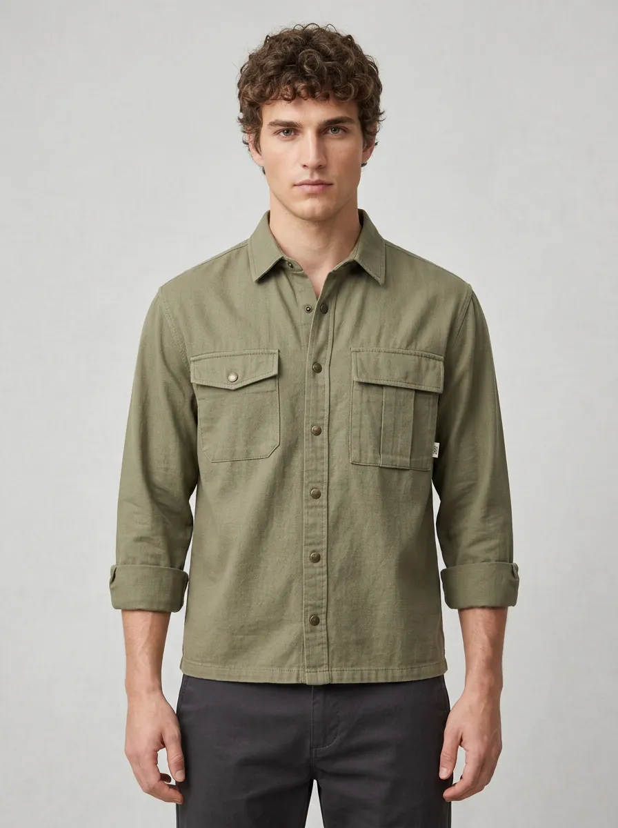 Men's Casual Outdoor Olive Green Button-Down Utility Shirt