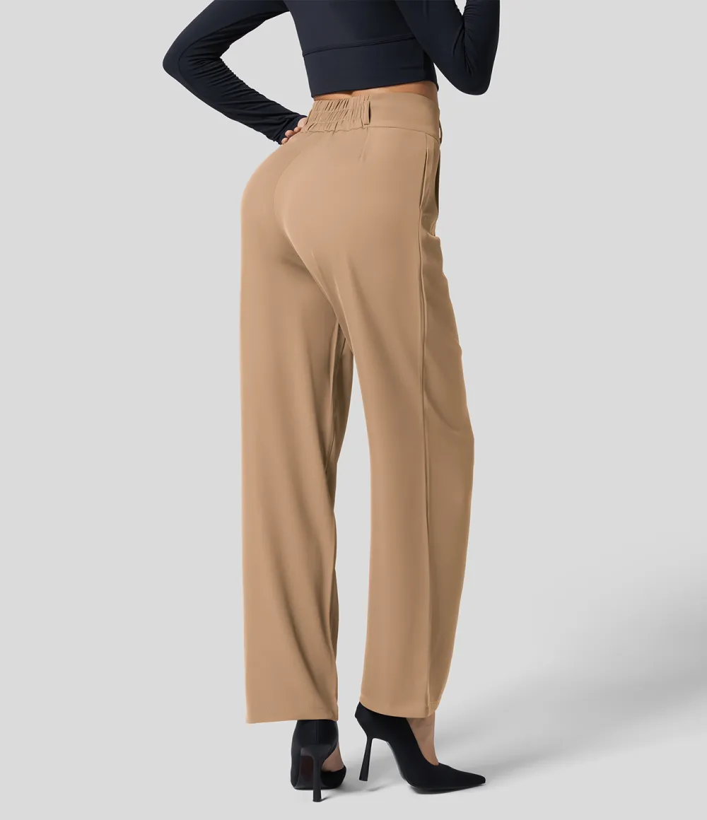High Waisted Button Zipper Plicated Side Pocket Shirred Straight Leg Work Pants