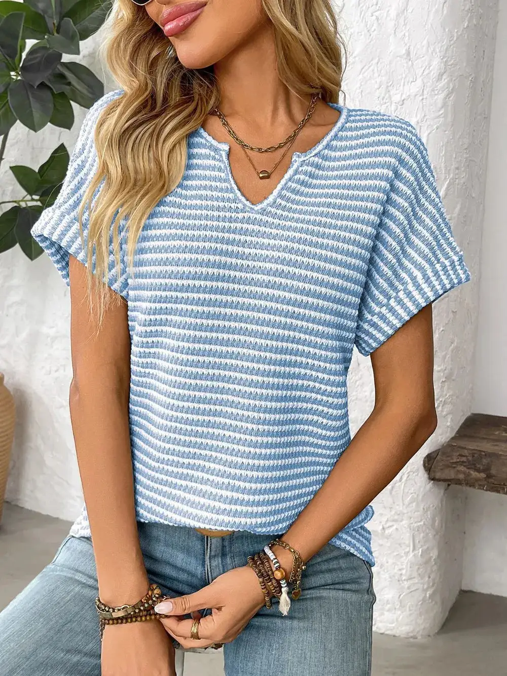 Everyday Striped Notched Short Sleeve T-Shirt