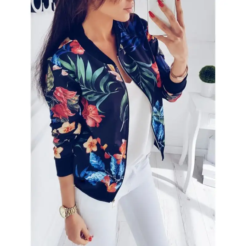 Floral Detail Zip Front Ribbed Trim Bomber Jacket