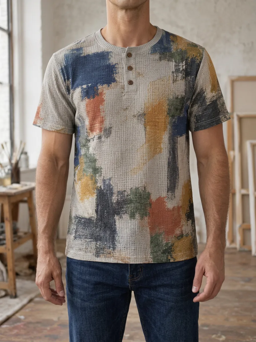 Men's Classic Abstract Paint Stroke Waffle Henley T-Shirt