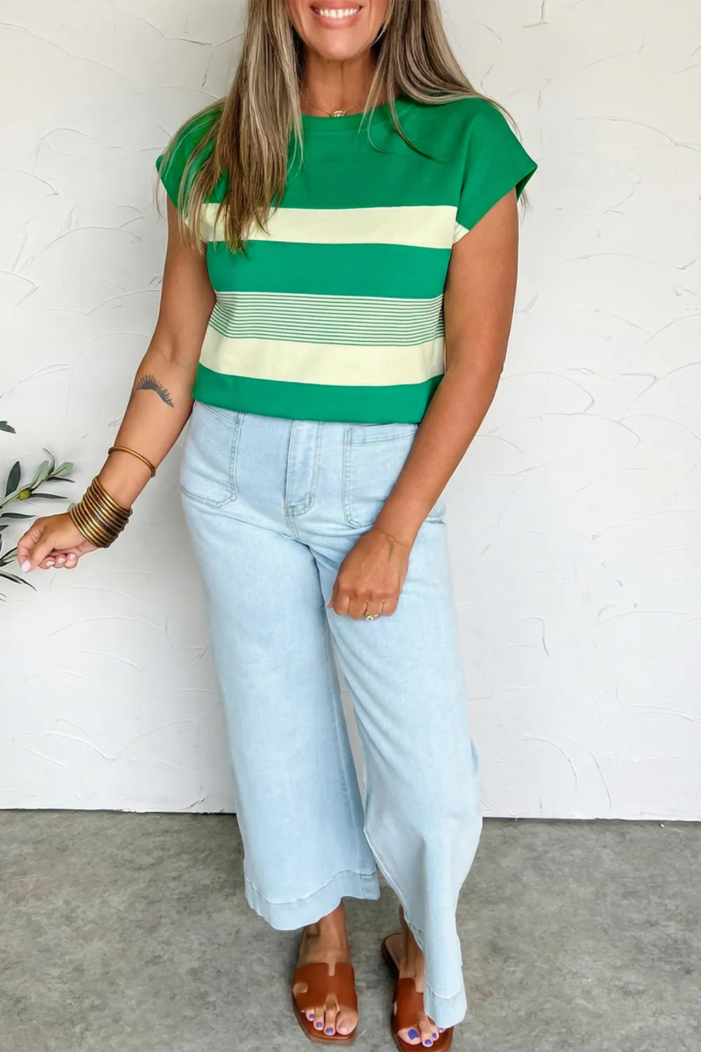 Green Stripe Mixed Print Crew Tee