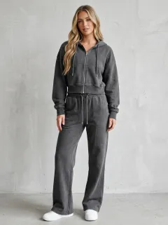 Women's Washed Embroidered Detail Vintage Inspired Cropped Hooded Jacket and Flare Pants Active Set