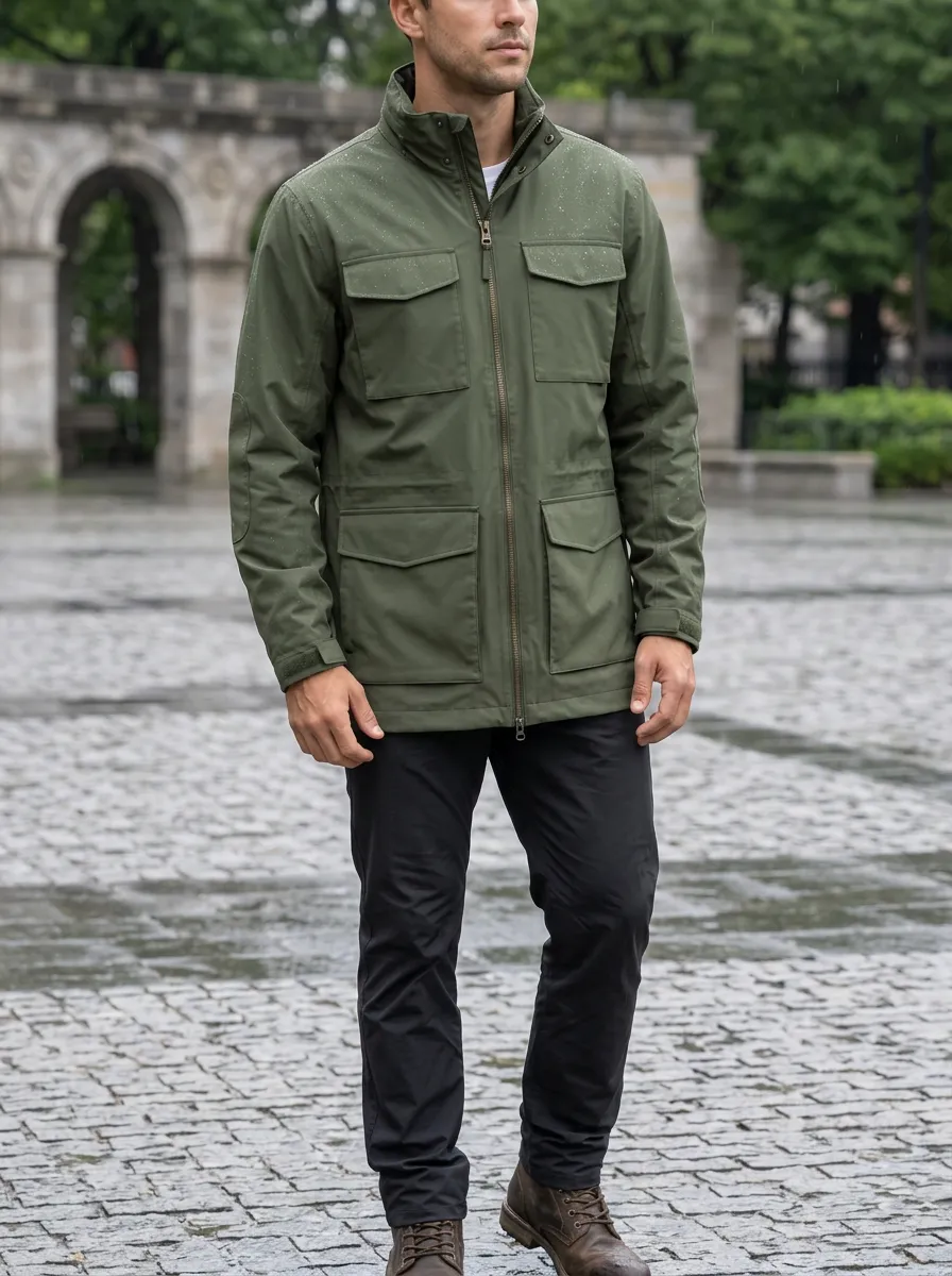 Men's Olive Green Waterproof Field Jacket with Adjustable Cuffs and a Stand Collar