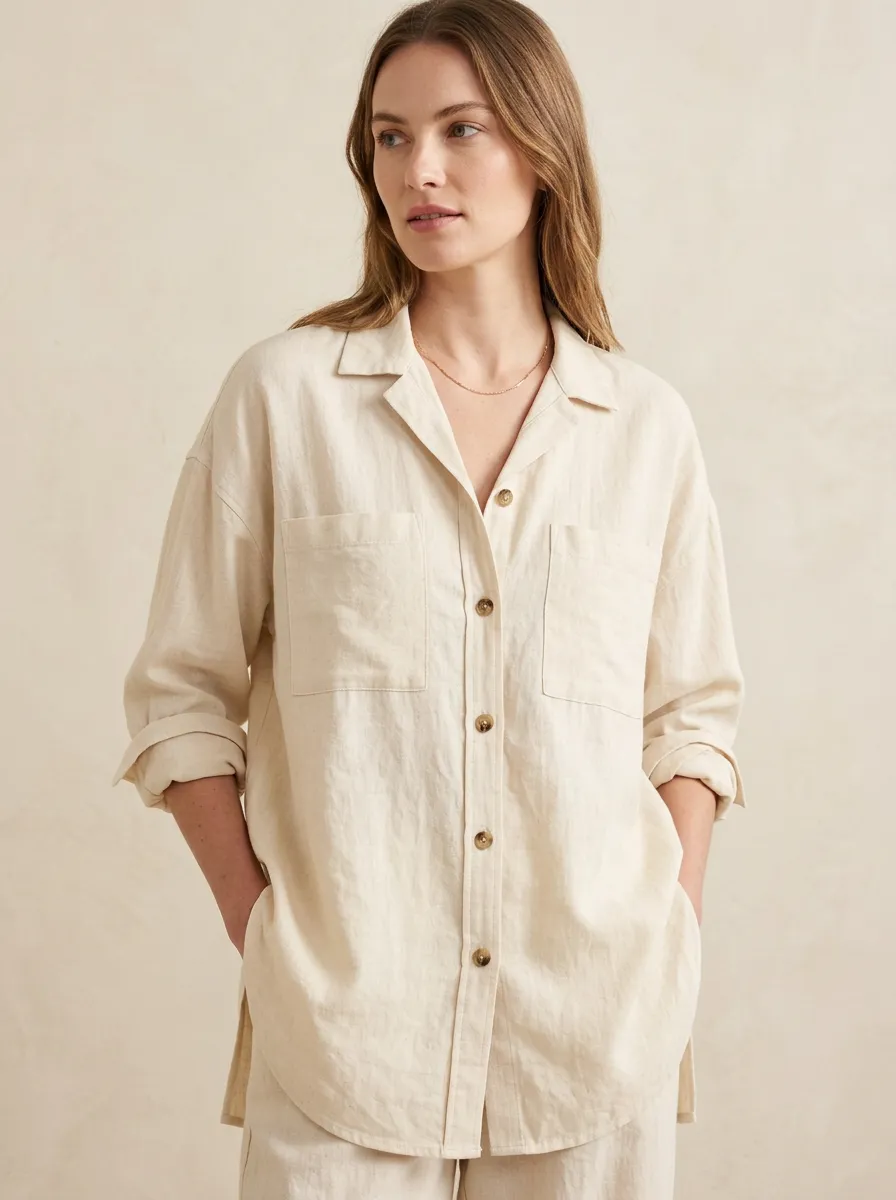 Women's Casual Minimalist Beige Linen Blend Button Down Shirt