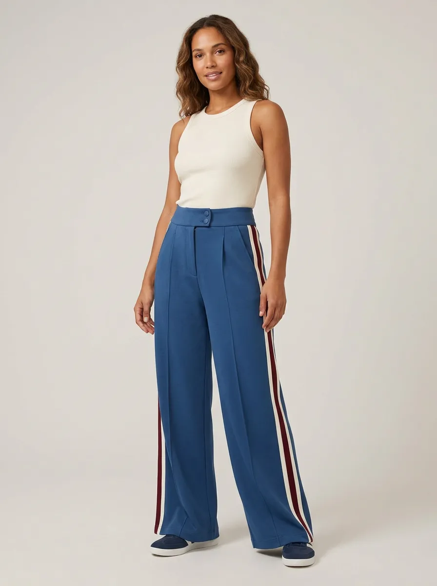 Women's High-Rise Front-Pleat Side-Panel Wide-Leg Trousers