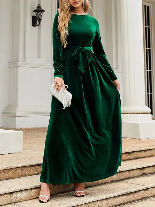 Pleated Wrap Belted Long Neck Maxi Dress