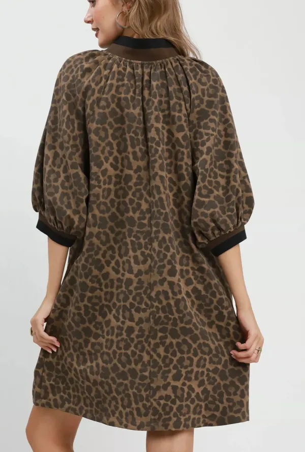 Leopard Print Quarter-Zip Puff Sleeve Pocketed Mini Dress
