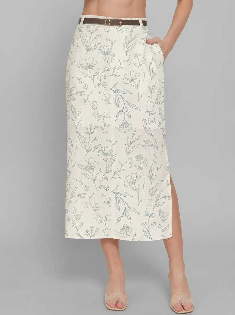 Women's Botanical Floral Line Art Printed Midi Skirt