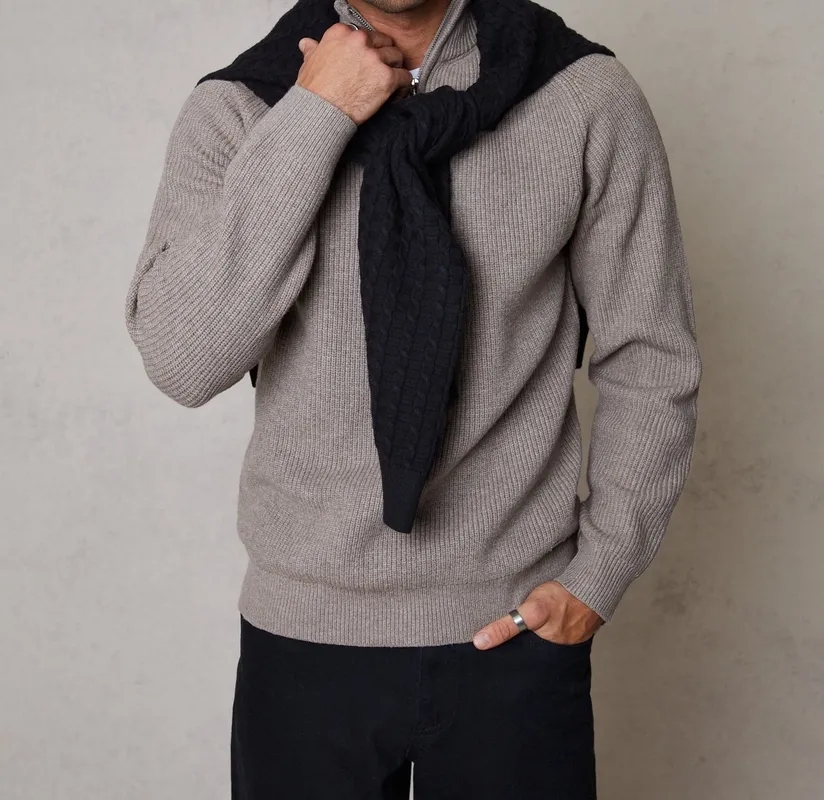 Taupe Rib Panel Quarter-Zip Knit Sweater