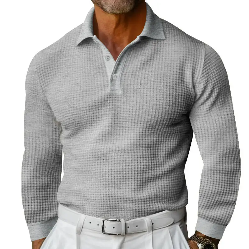 Waffle Texture Elastic Hem Long Sleeve Polo Shirt