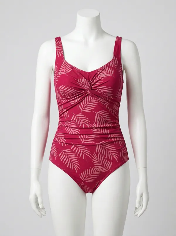 Clean-Line Tropical Palm-Leaf Leaf-Pattern One-Piece Swimsuit