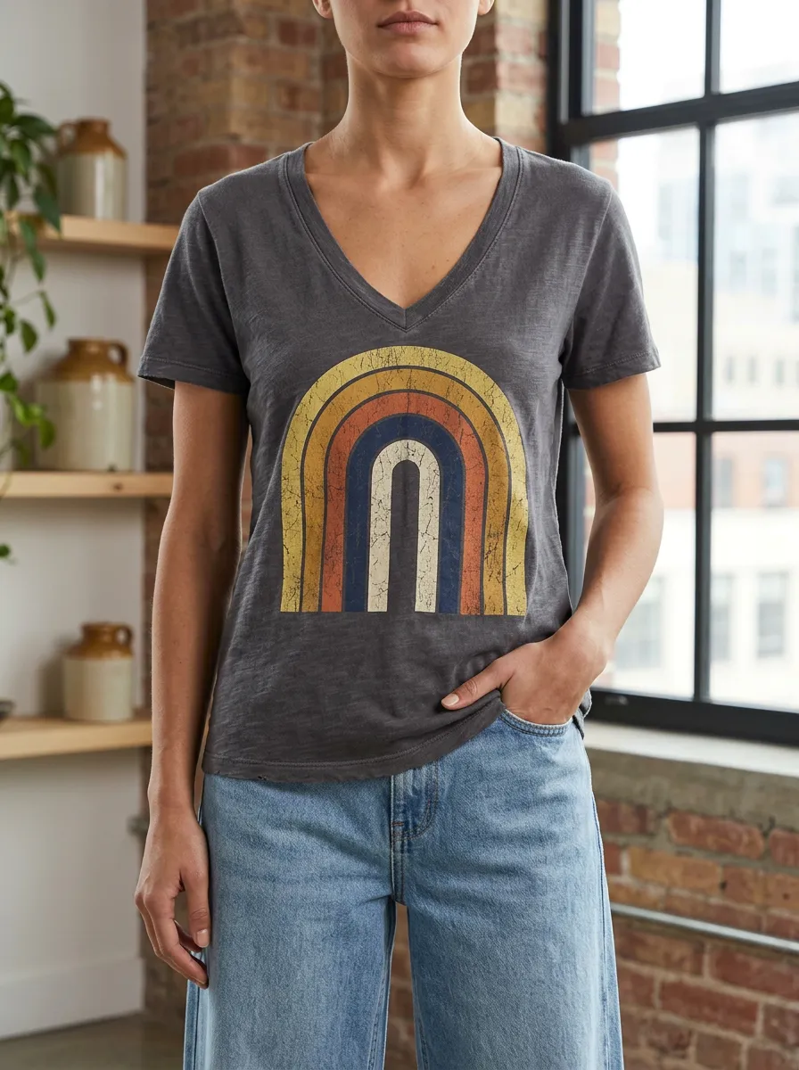 Women's Retro Rainbow Aesthetic Printed V-Neck T-Shirt