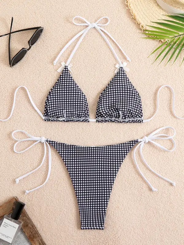 Lace Up Plaid Print Bikini Top Swim Set