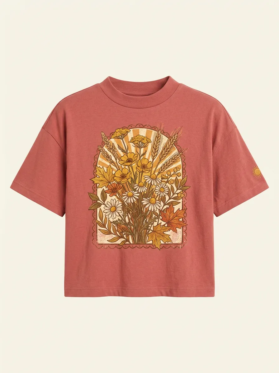 Women's Botanical Nature Lover Wildflower Maple Leaf Printed T-shirt