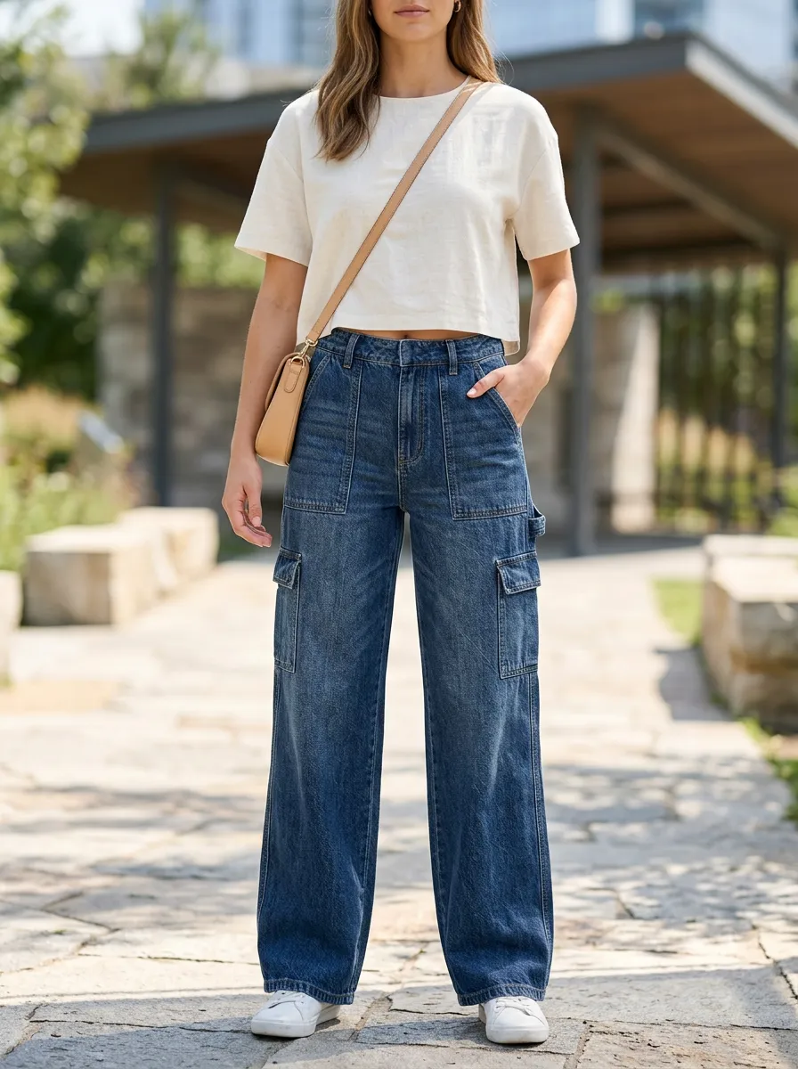 Women's Casual Streetwear High Waisted Denim Cargo Pants