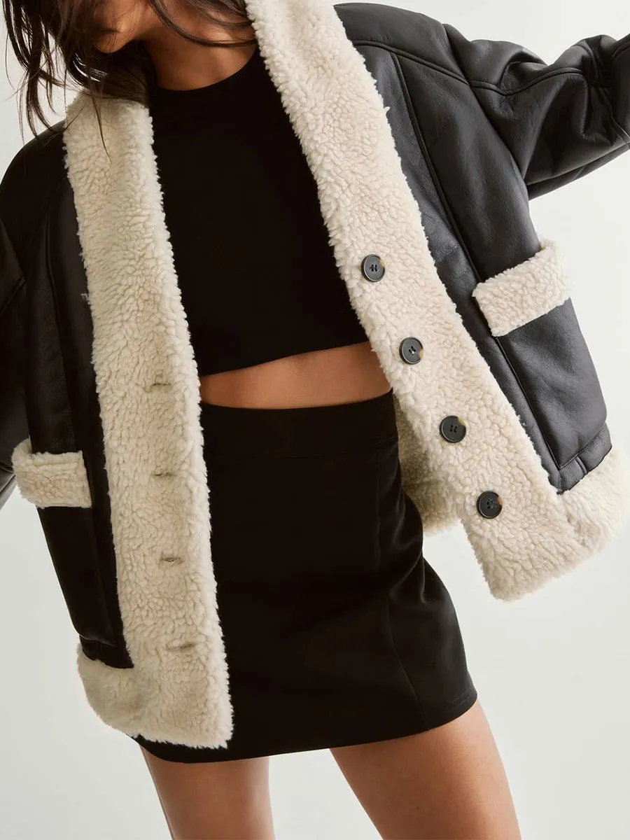 Black Leather Shearling Lined Cropped Jacket