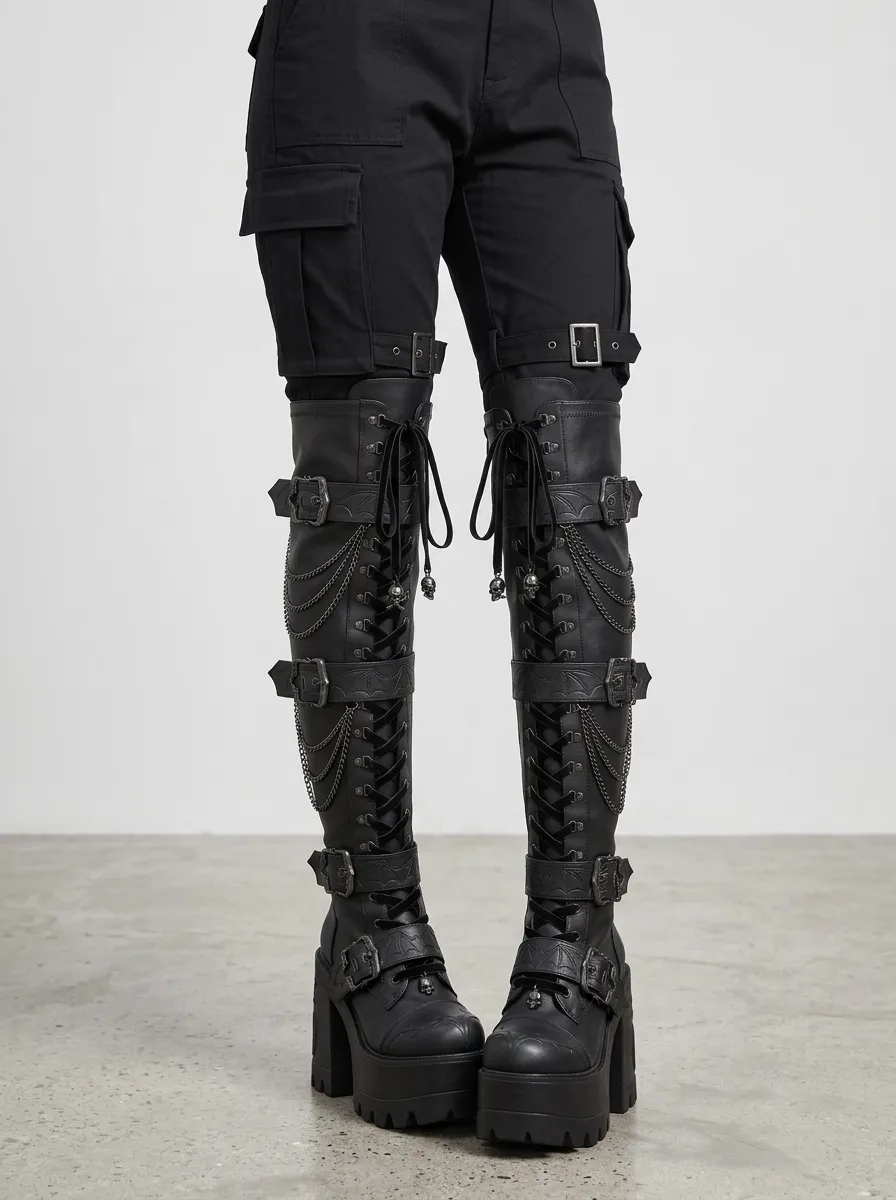 Gothic Revival Skull Bat Wing Profile Women's Gothic Platform Boots