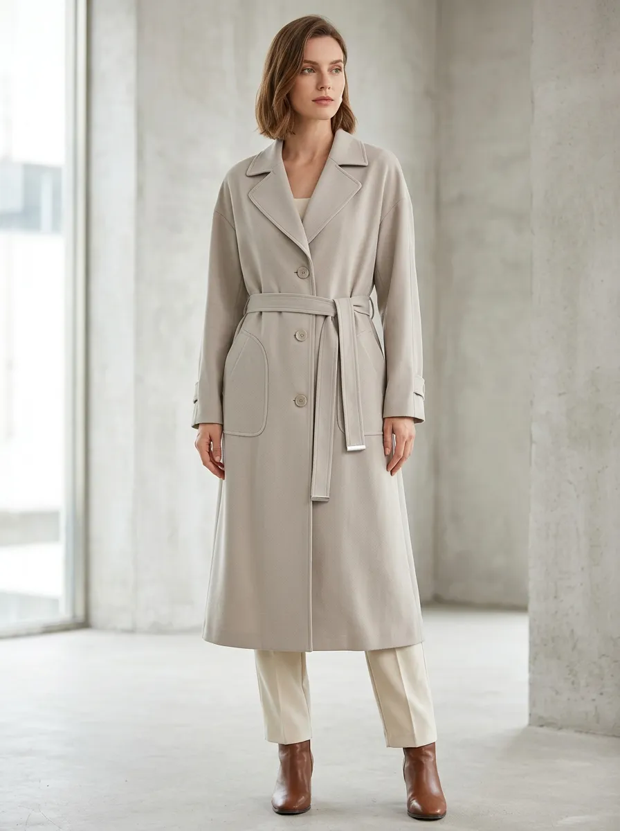 Women's Relaxed Belted Minimalist Long Trench Coat