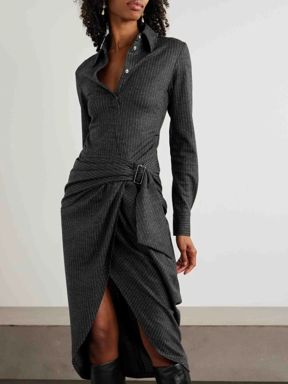 Draped Pinstripe Wrap Shirt Midi Dress