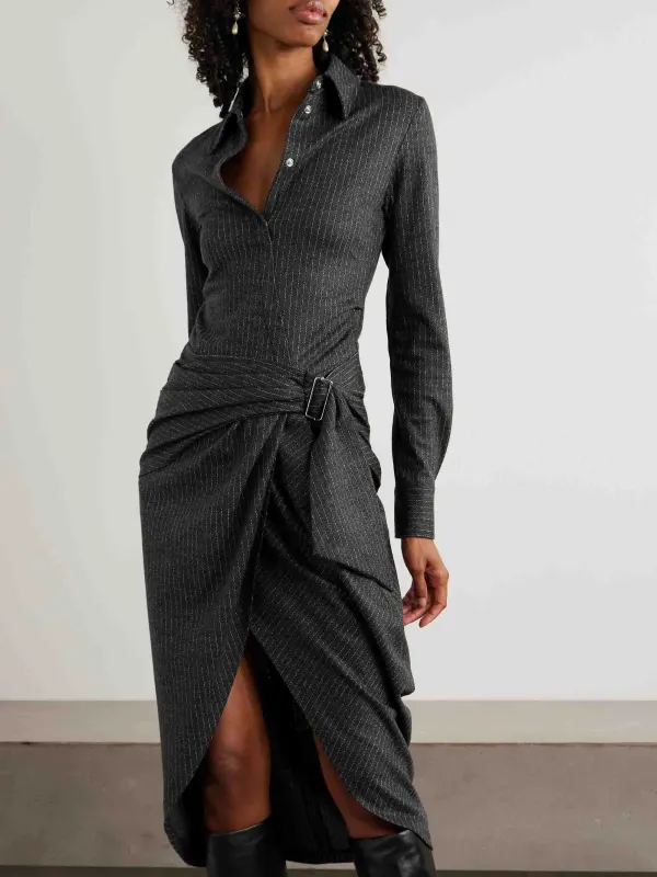 Draped Pinstripe Wrap Shirt Midi Dress