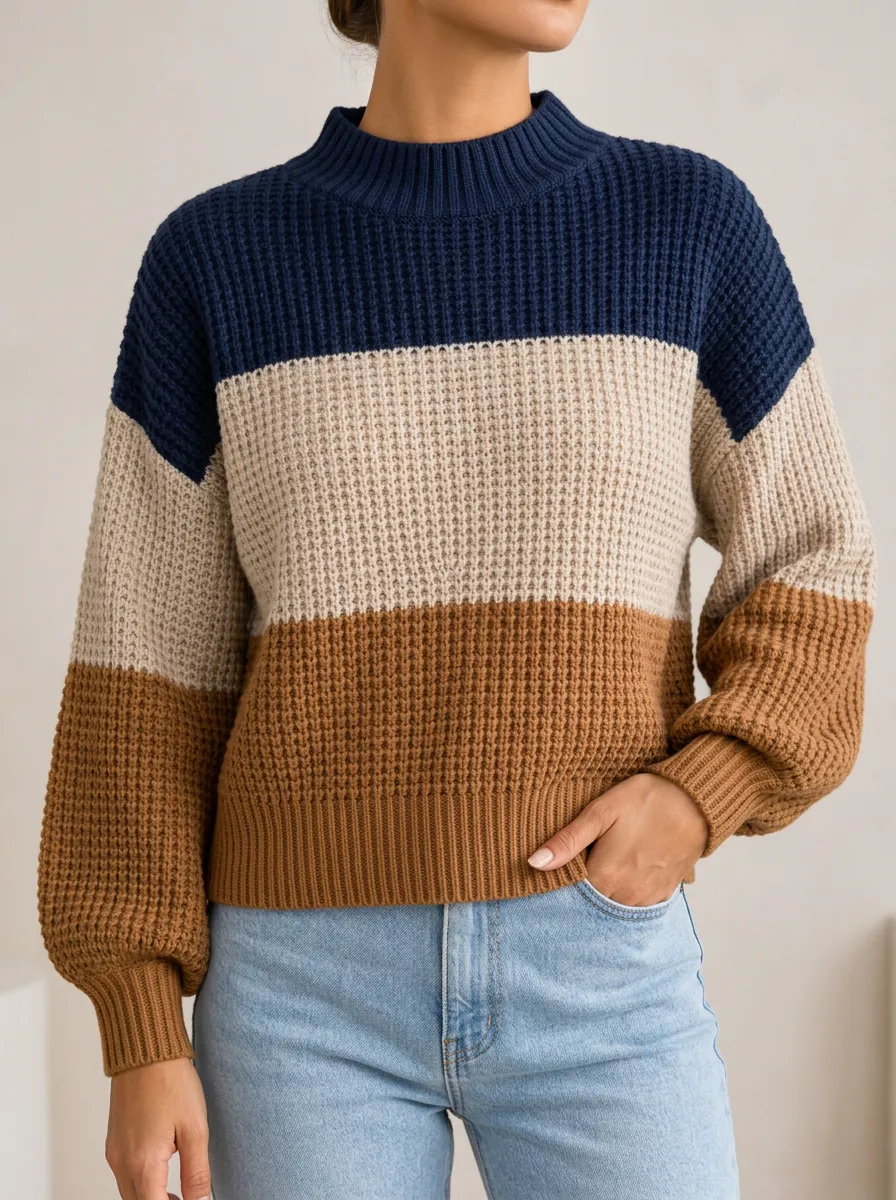 Colorblock Meets Waffle Knit in a Round Neck Sweater Top