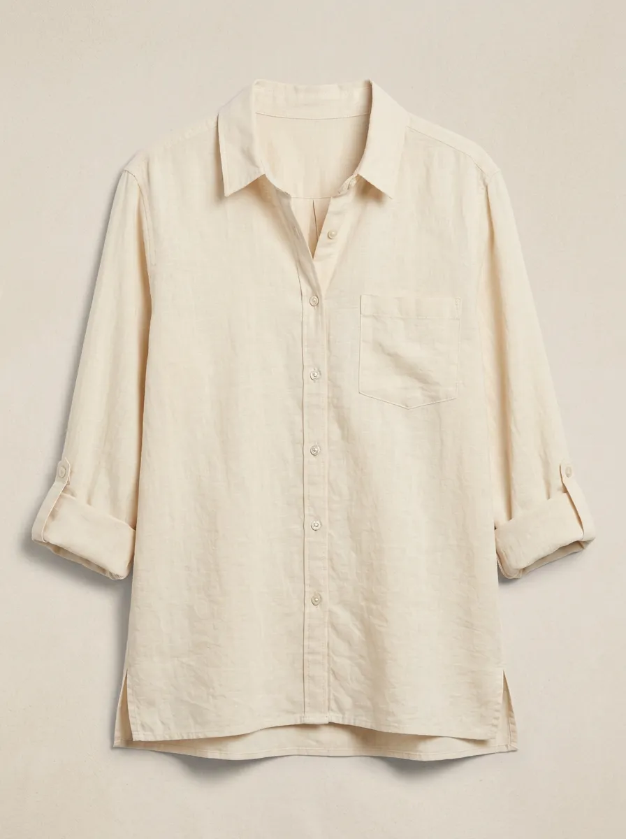 Women's Casual Beige Cotton Linen Roll-Tab Sleeve Button-Down Shirt