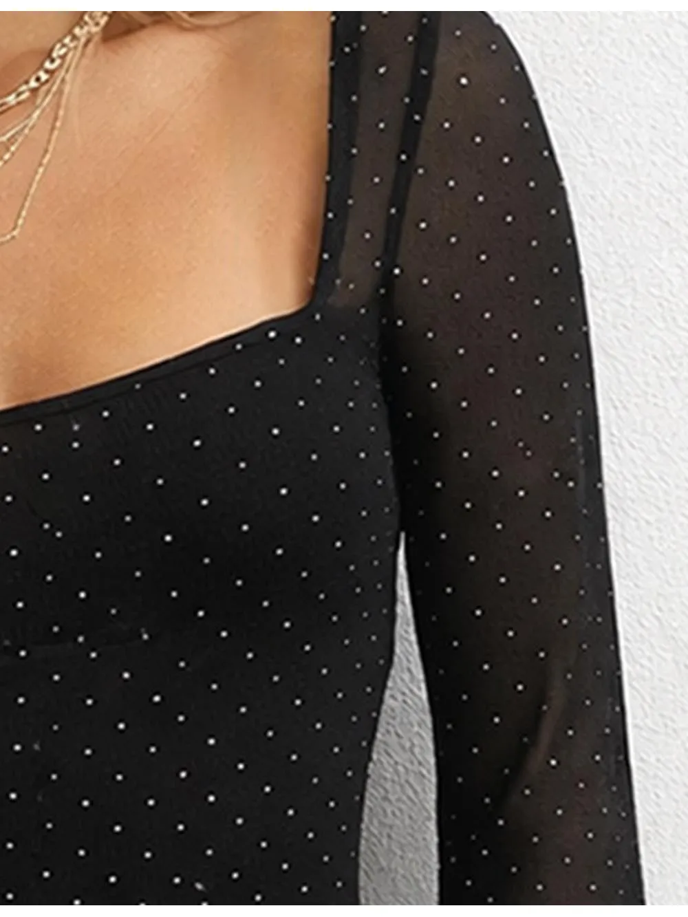 Rhinestone Square Neck Flared Sleeves Chic Mini Dress